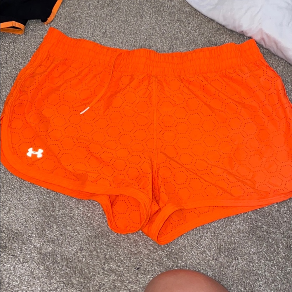 Neon orange under armor running shorts